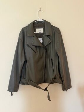American Eagle Outfitters Olive Green Faux Leather Bomber Moto Jacket
